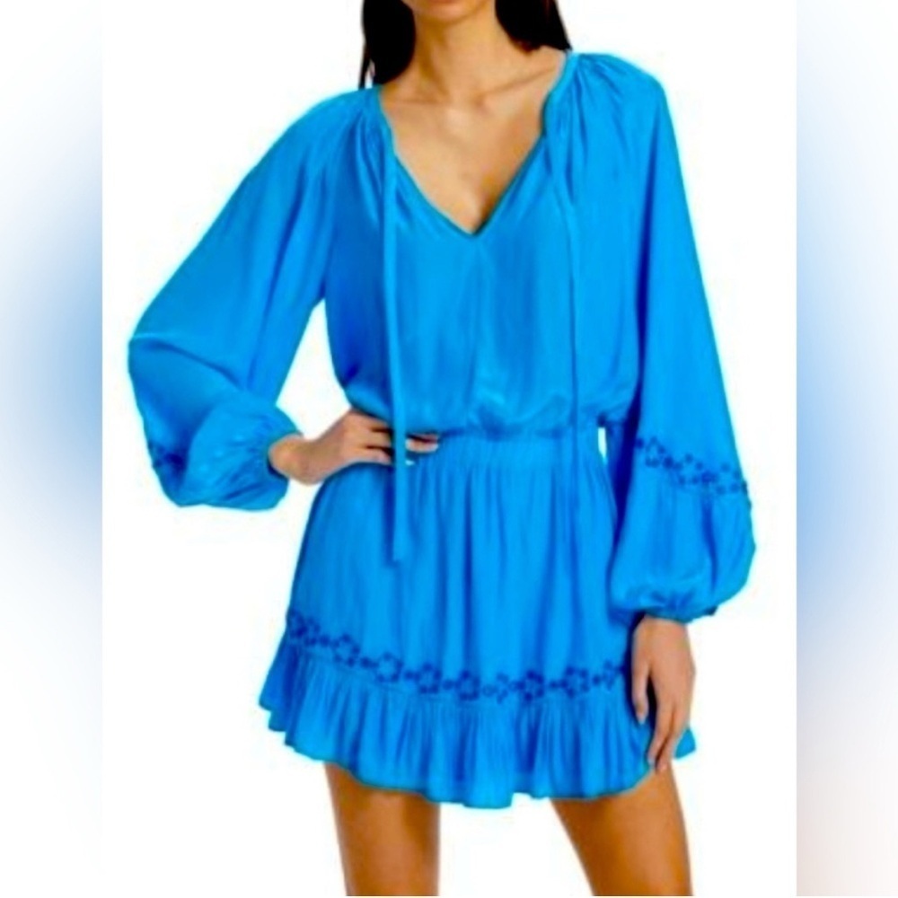 Joie Blue Long Sleeve Silky Eyelet Dress with Ruffle Hem